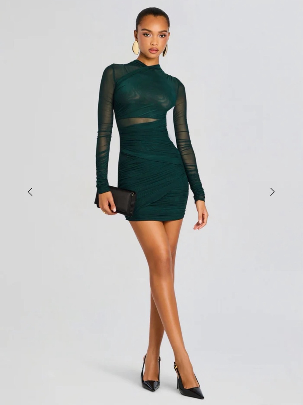 Perfect Mesh Long-Sleeve Ruched Mini Dress - Emerald